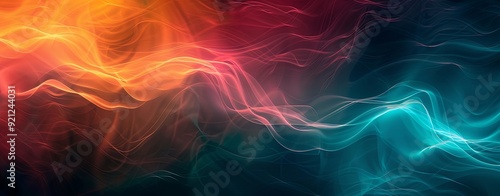 Dynamic Color Wave Abstract Header Banner in Teal Blue, Amber Orange, and Rose Red on Grainy Noisy Black Background