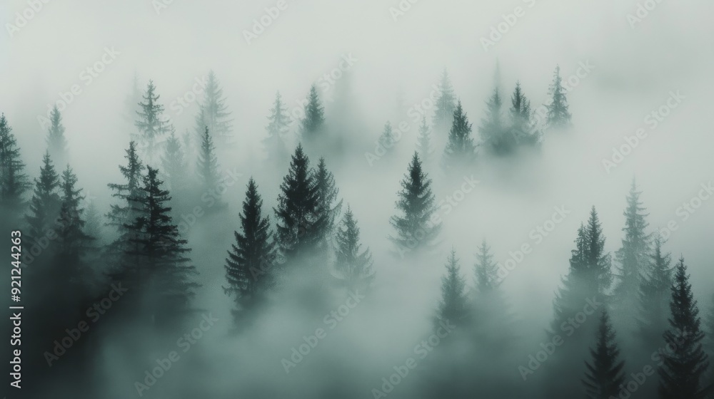 Misty Forest Landscape With Tall Pine Trees at Dawn Misty Forest Landscape With Tall Pine Trees at Dawn
