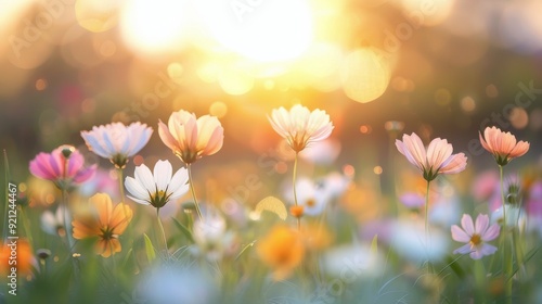 Sunlit Wildflowers Blooming in a Meadow During Golden Hour