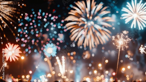 Family Watching Colorful Fireworks Display at Sunset in a Rural Setting