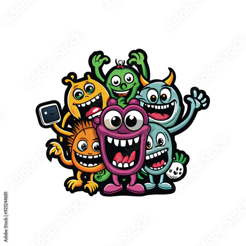 A group of cartoon monsters taking a selfie together with exaggerated features.