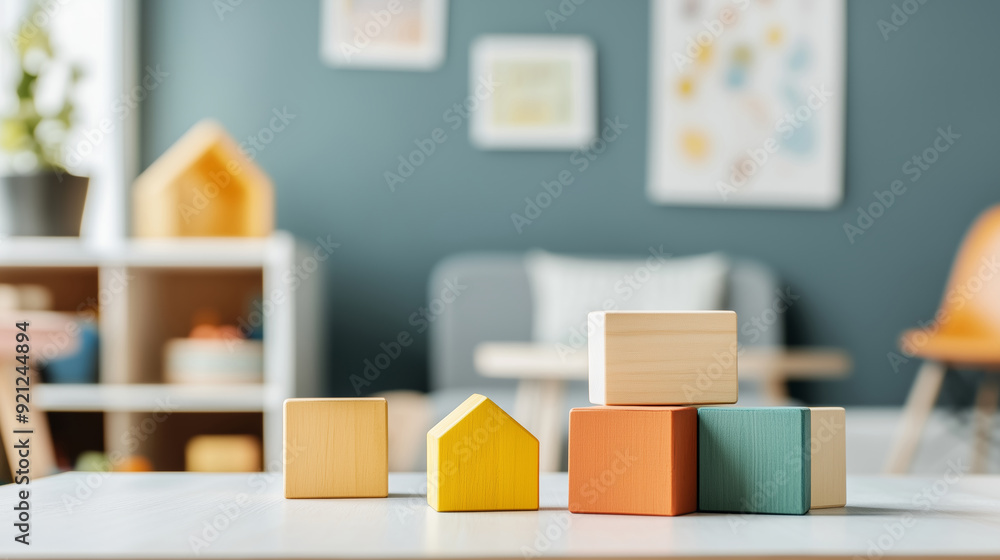 Colorful wooden blocks on a table in a modern children's playroom with cozy decor. Educational toys in a bright and stylish interior.
Colorful wooden blocks on a table in a modern children's playroom with cozy decor. Educational toys in a bright and stylish interior.
