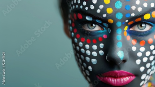 Vibrant Face Paint Art Displayed on Model With Intricate Design in Studio Set...