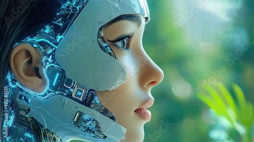 Futuristic humanoid robot with intricate circuitry and natural backdrop, representing the blend of technology and nature.