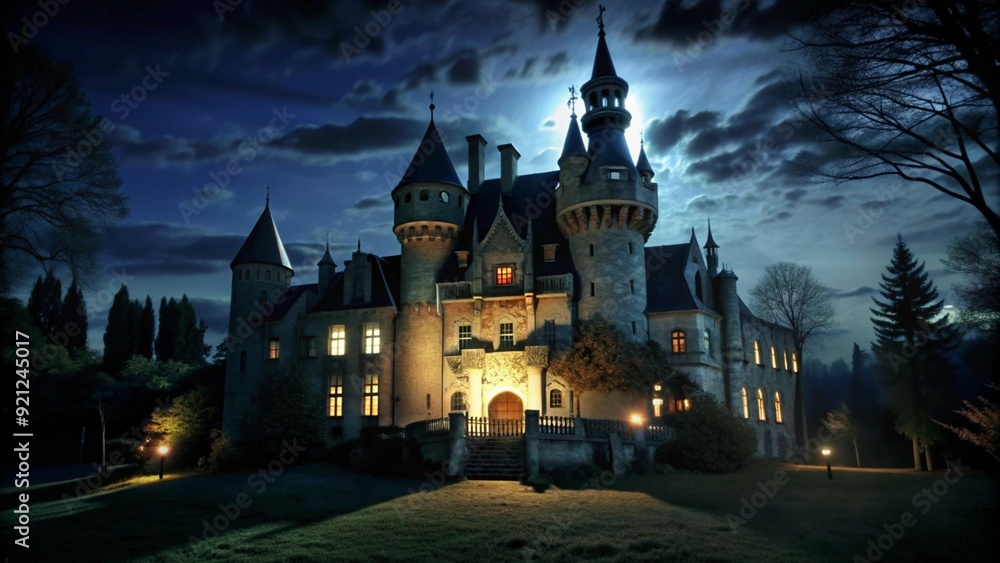 An ancient stone castle with lit windows stands under a cloudy night sky. An ancient stone castle with lit windows stands under a cloudy night sky.
