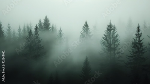 Misty Forest Landscape With Tall Pine Trees at Dawn