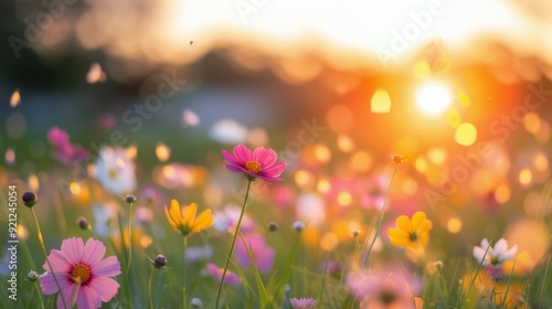 Sunlit Wildflowers Blooming in a Meadow During Golden Hour