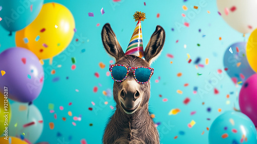 Party animal! Colorful photp of funny, happy donkey on aqua blue background. Ballons, confetti, happy mood. Birthday celebration banner photo