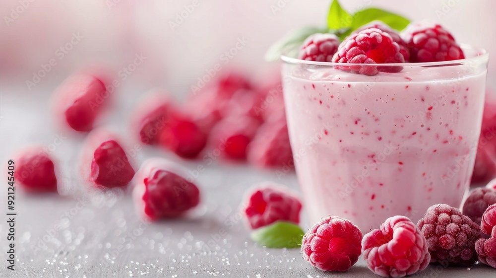 Refreshing Raspberry Smoothie With Fresh Berries on a Gray Background Refreshing Raspberry Smoothie With Fresh Berries on a Gray Background