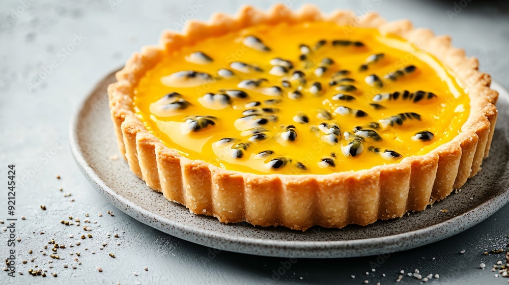 A creamy passionfruit tart with a bright yellow filling, set on a cool gray concrete surface, the matte finish highlighting the tart’s smooth texture A creamy passionfruit tart with a bright yellow filling, set on a cool gray concrete surface, the matte finish highlighting the tart’s smooth texture