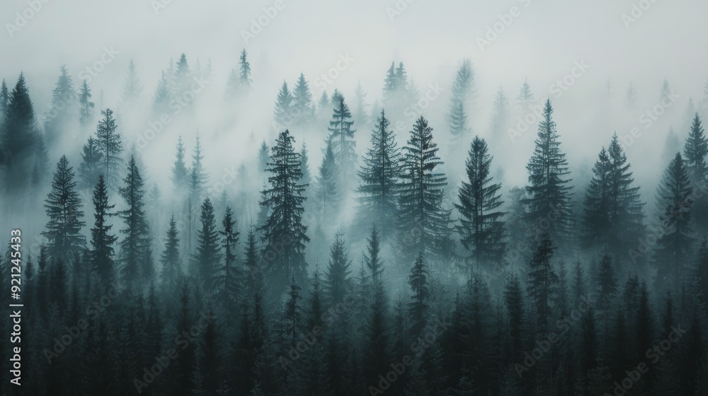 Obraz premium Misty Forest Landscape With Tall Pine Trees at Dawn