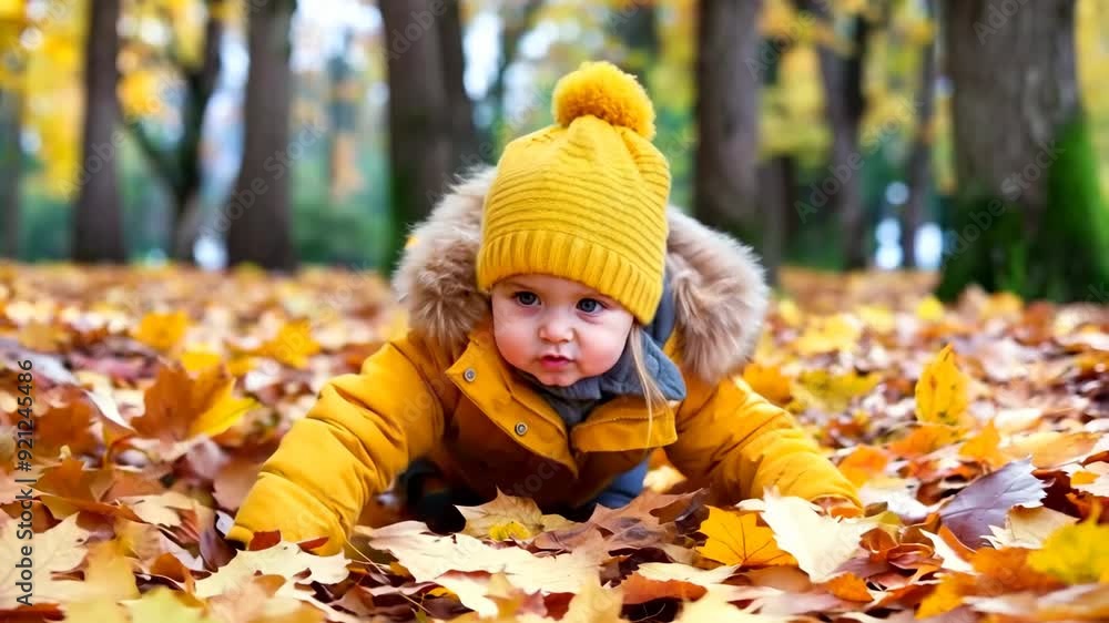 A little one crawls through a carpet of vibrant autumn leaves, surrounded by golden trees in a serene forest setting A little one crawls through a carpet of vibrant autumn leaves, surrounded by golden trees in a serene forest setting