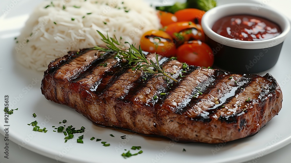 Gourmet meat steak, vegetable salad, sauce and rice on a plate. Delicious healthy grilled meat and vegetable meal on white background. Balanced nutrition concept. Gourmet meat steak, vegetable salad, sauce and rice on a plate. Delicious healthy grilled meat and vegetable meal on white background. Balanced nutrition concept.