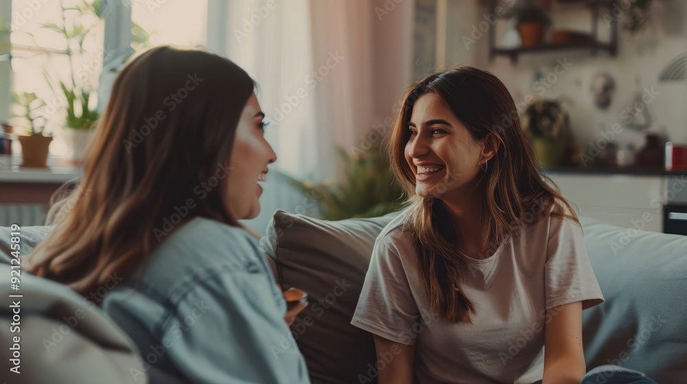 positive joyful Smiling friend woman with friend on sofa. Young females are sitting on sofa in living room. They are relaxing conversation at home positive joyful Smiling friend woman with friend on sofa. Young females are sitting on sofa in living room. They are relaxing conversation at home