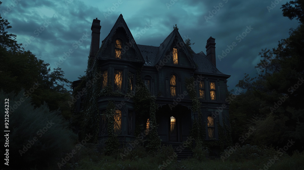 Old, abandoned Victorian-style haunted house with broken windows, overgrown ivy Old, abandoned Victorian-style haunted house with broken windows, overgrown ivy