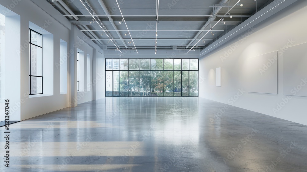 Spacious empty gallery with soft natural light and polished concrete floors Spacious empty gallery with soft natural light and polished concrete floors