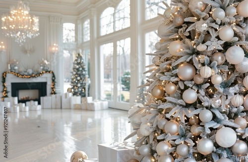 Elegant Christmas Living Room With Tree Decorations and Snowy Landscape