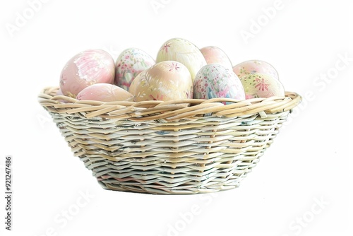Easter Basket. Hand Painted Pastel Eggs in White Background