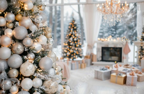 Elegant Christmas Living Room With Tree Decorations and Snowy Landscape