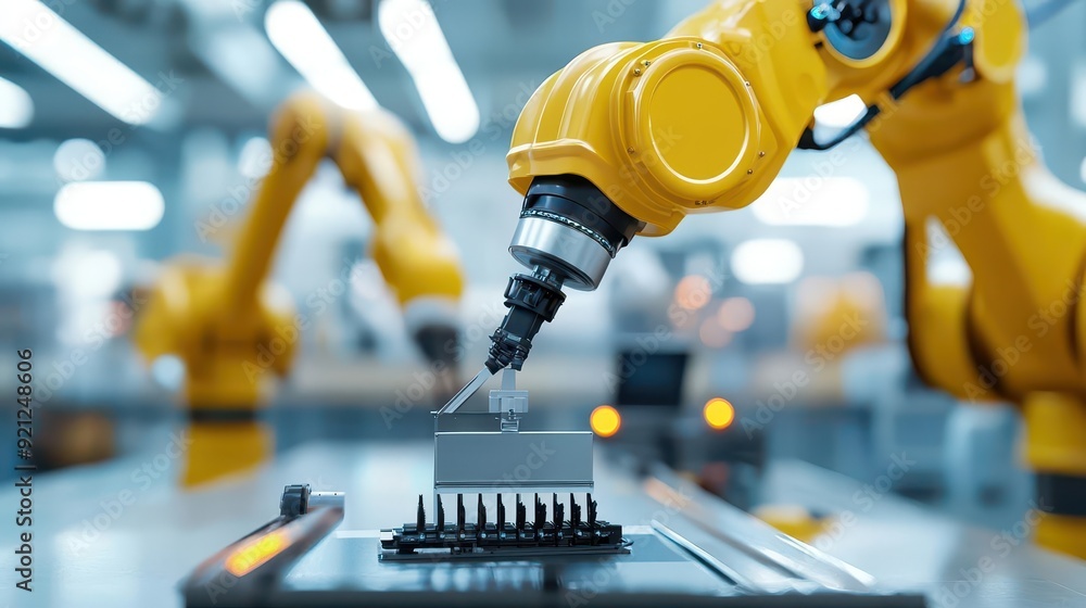 Robotic painting systems, AI-directed construction, modern industrial site Robotic painting systems, AI-directed construction, modern industrial site