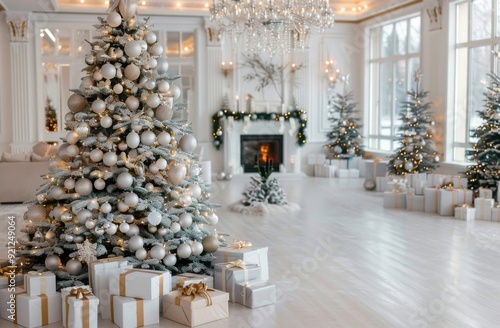 Elegant Christmas Living Room With Tree Decorations and Snowy Landscape