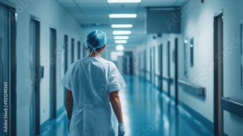  Hospital staff in protective overalls walking in hospital corridor. View from back of male doctor or nurse going along hallway in medical clinic. Healthcare and medicine concept. Copy space