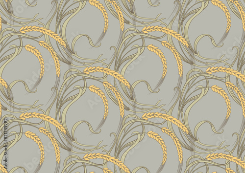 Ears of cereal, wheat or rye Seamless border pattern, linear ornament, ribbon Vector illustration. Outline hand drawing. In art nouveau style, vintage, old, retro style.