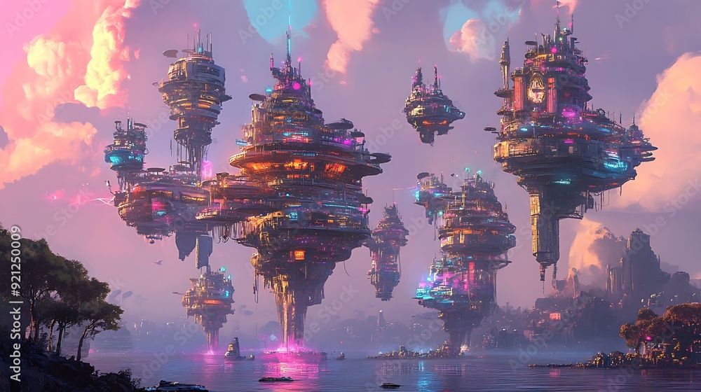 Fototapeta premium Futuristic cityscape with AI-managed public services and augmented reality enhancements