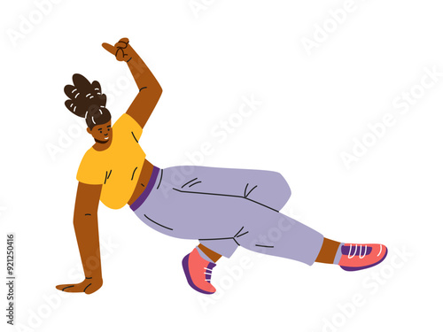 Break dancer dynamic pose, vector breakdancer in street dance action, cool afro girl teenage dancer hip hop performance