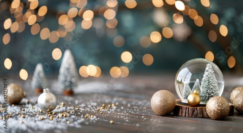 Sparkling Snow Globe With Miniature Trees On Wooden Table During Winter Season