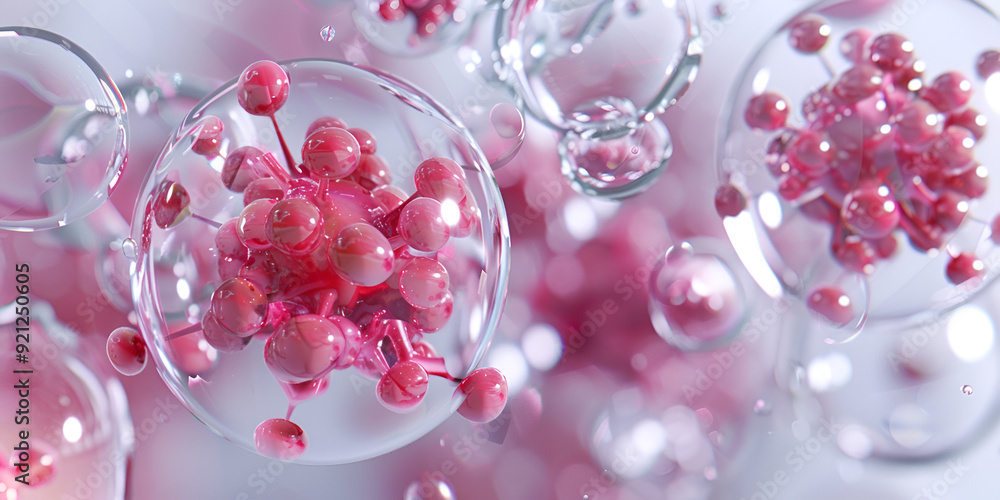 Close-Up of Pink Bacteria and Cells in Liquid Environment Representing Microbiology and Scientific Research Close-Up of Pink Bacteria and Cells in Liquid Environment Representing Microbiology and Scientific Research
