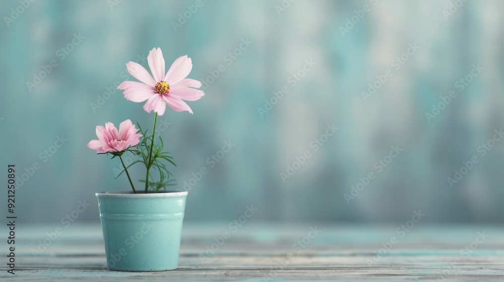 Pink Flower in Light Blue Pot Against Soft Focus Background Pink Flower in Light Blue Pot Against Soft Focus Background