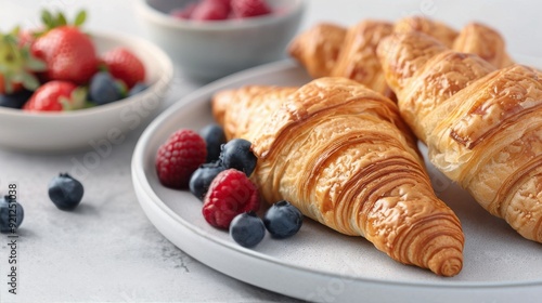 Wallpaper Mural Freshly Baked Croissants With Berries and Cream on a Light Gray Background Torontodigital.ca