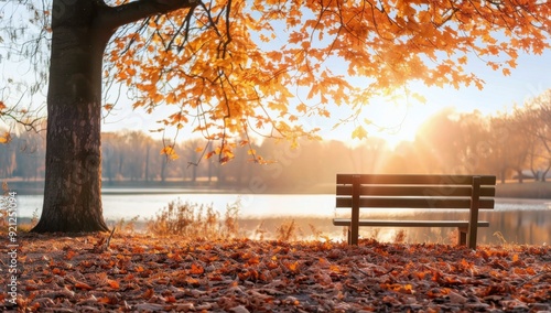 Autumn Sunset Over a Park Bench in a Tranquil Landscape