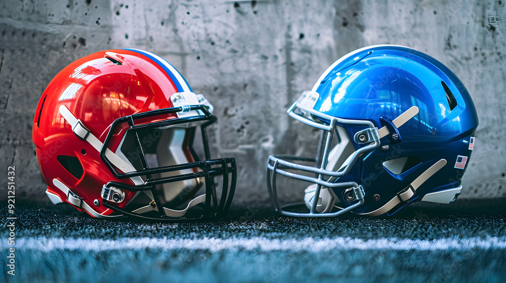 An athletic rivalry is depicted with two American football helmets, one red and one blue An athletic rivalry is depicted with two American football helmets, one red and one blue