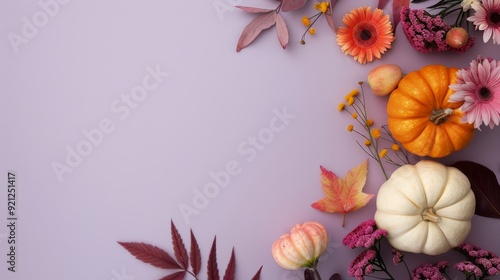 Autumn Floral Arrangement With Pumpkin and Colorful Blooms on Purple Background