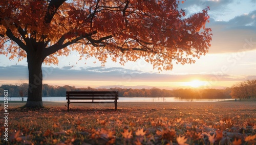 Autumn Sunset Over Park Bench in Open Field