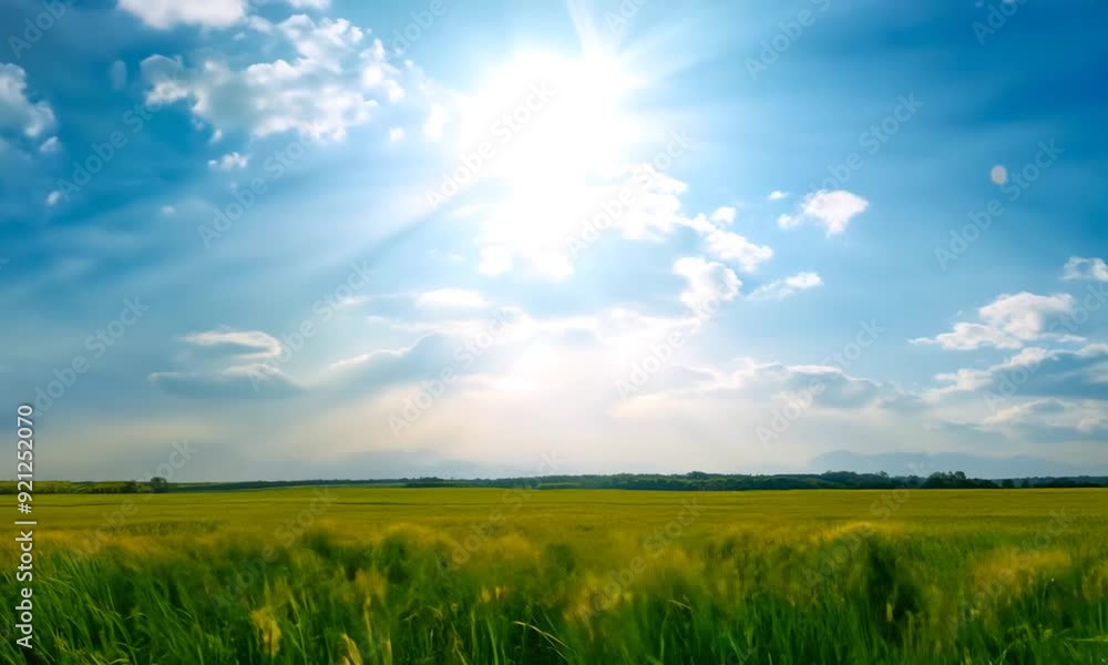 A lush, green field under an intense sun that shines through white, fluffy clouds in a bright blue sky. A lush, green field under an intense sun that shines through white, fluffy clouds in a bright blue sky.