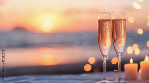 Sunset Celebration With Champagne Glasses and Candles on the Beach