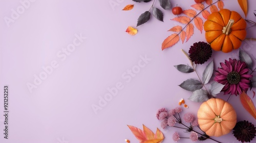 Autumn Floral Arrangement With Pumpkin and Colorful Blooms on Purple Background
