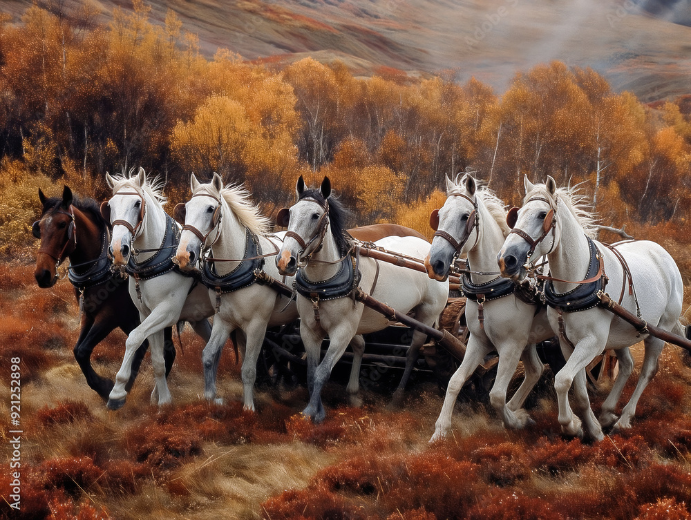 A group of horses are running together in a field. The horses are of different colors, including brown and white. The scene is peaceful and serene, with the horses moving in unison A group of horses are running together in a field. The horses are of different colors, including brown and white. The scene is peaceful and serene, with the horses moving in unison