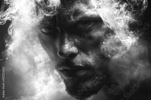 haunting monochrome portrait man emerging from billowing smoke and dust chiaroscuro lighting textured skin details emotive expression atmospheric drama