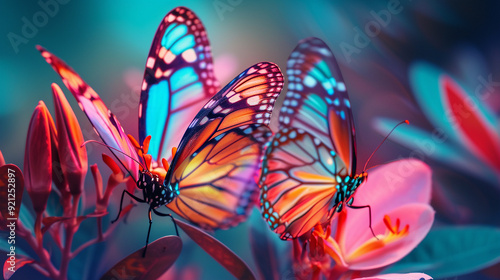 Neon Color Two Beautiful butterflies sitting on the flower AI Generated Photo photo