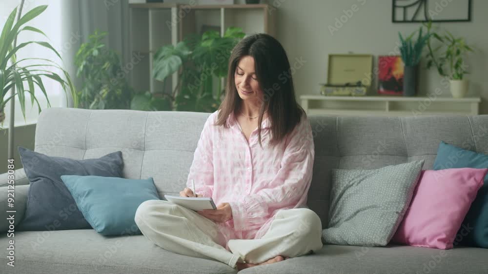 Relaxing woman journaling on cozy couch in plant-filled living room Relaxing woman journaling on cozy couch in plant-filled living room