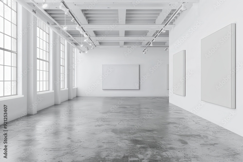 Fototapeta premium Empty Canvas Exhibition Hall in Modern Gallery Interior with Contemporary Design Elements