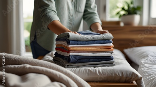 A woman folding fresh laundry on a neatly made bed the clothes are clean and colorful, with a stack of folded items a cozy bedroom with natural light 