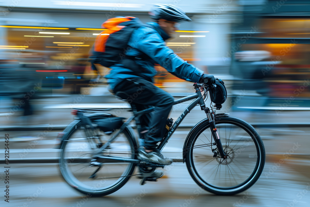 Fototapeta premium Cyclist riding through busy city streets with blurred background.