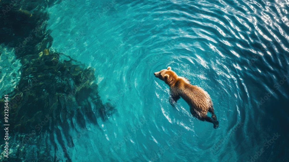 Obraz premium A bird's-eye view of a bear swimming in a clear blue lake, with ripples spreading outwards, illustrating the bear's natural grace.