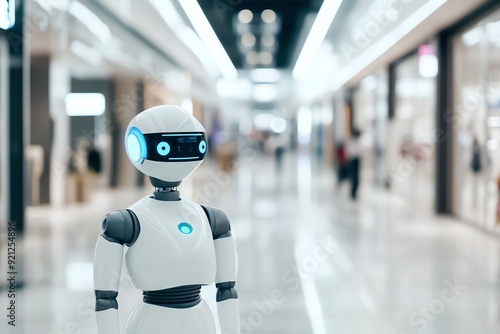 A robot interacting with a customer in a digital shopping mall, symbolizing automated support in online retail, e-commerce, automated customer support