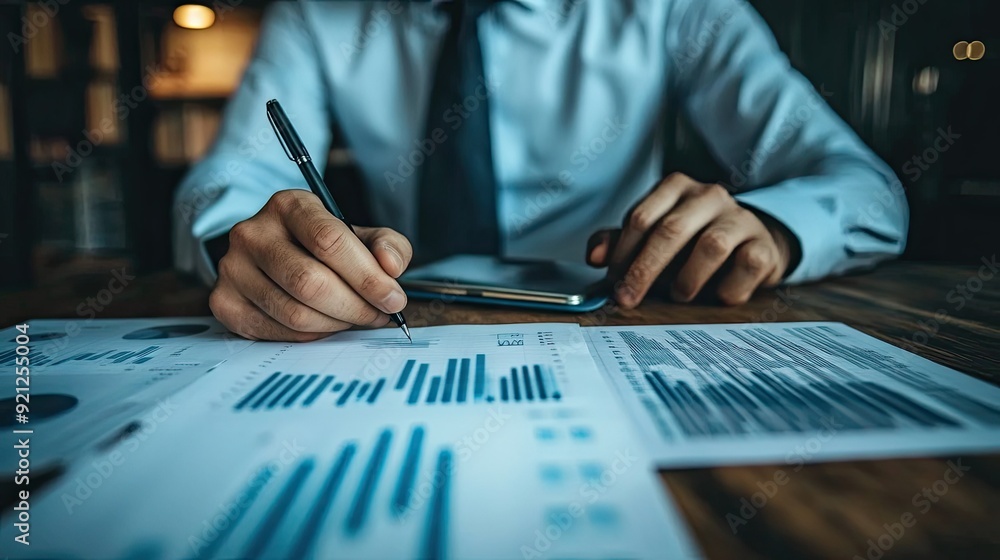 A businessman reviewing financial metrics and market trends, strategizing for business growth in 2025. A businessman reviewing financial metrics and market trends, strategizing for business growth in 2025.